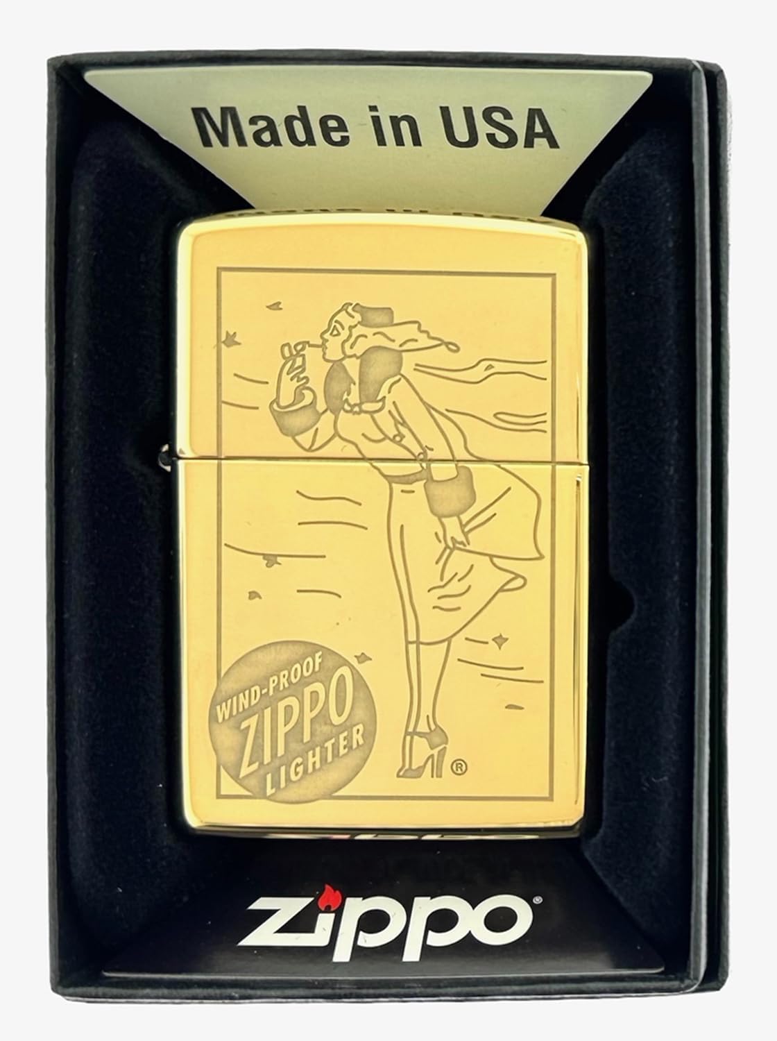 Custom Personalized Zippo Classic Windy Girl Windproof Oil Lighters - Engraving - Christmas, Halloween & Valentines Day Gift (High Polish Gold)