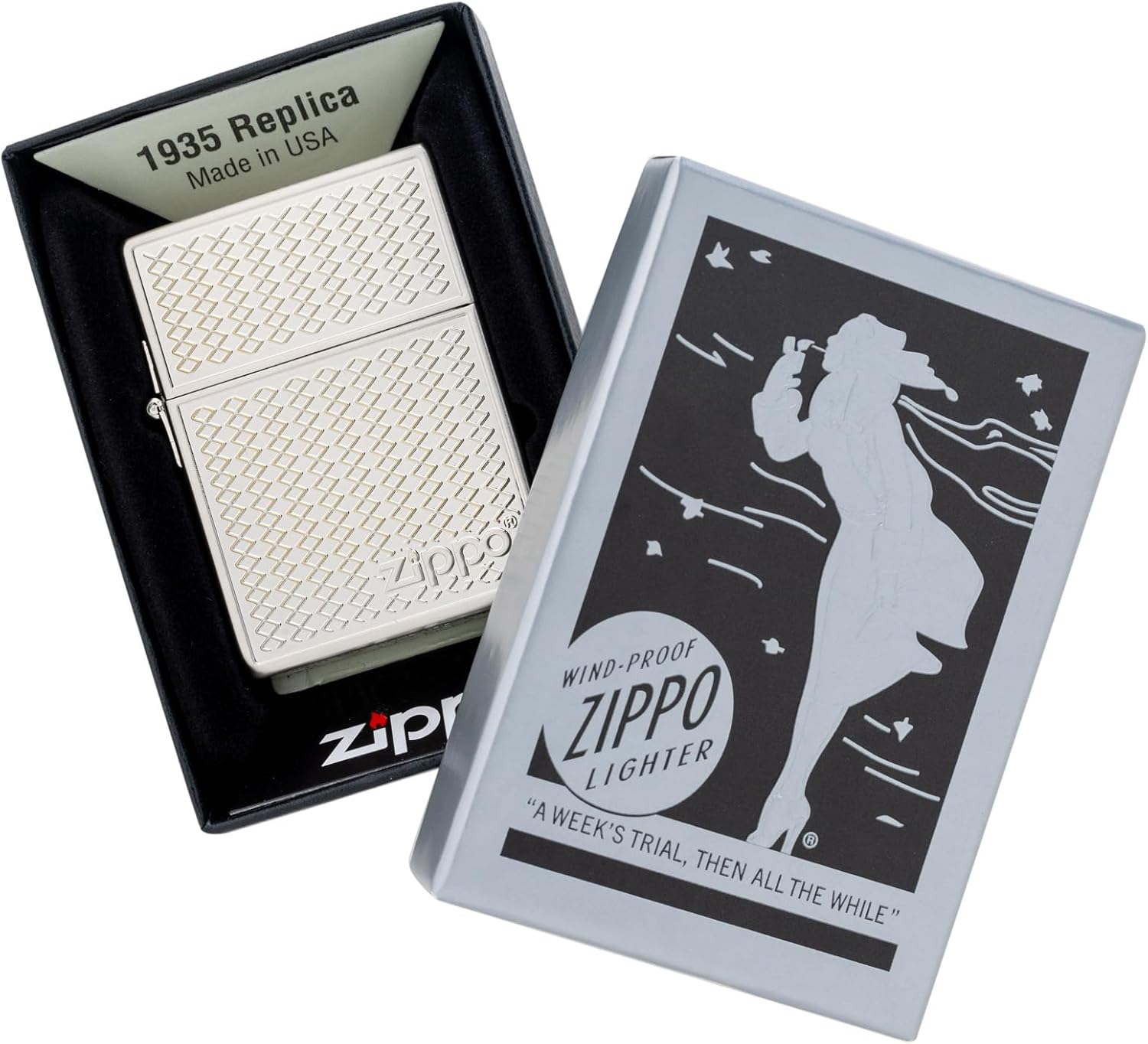 KAJIKAWA Zippo Zippo Lighter Windproof Brass Double-Sided Etched 1935 Replica Case Nickel Plated Satena Finish with Special Sticker 1935 Grill Mesh (B)