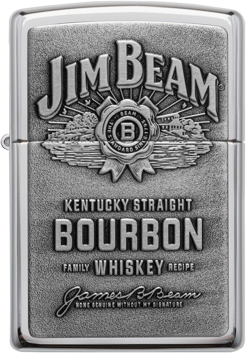 Personalized Jim Beam Pewter Emblem Chrome ZIPPO Lighter - Free Engraving - Christmas, Halloween & Valentines Day Gift